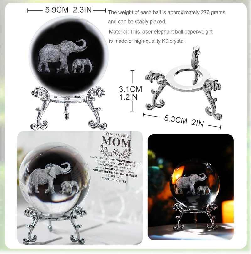 ZEERSHEE 60mm 3D Glass Laser Engraved Mother Son Elephants Crystal Ball with Stand Decorative Sphere Elephant Gifts for Women - Image 4